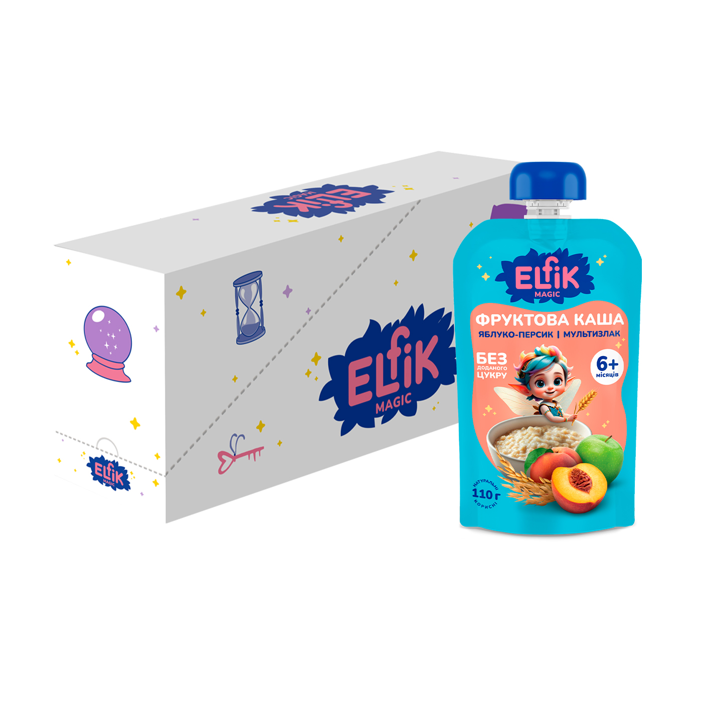 Уцінка! Дитяча фруктова каша Elfik Magic Яблуко-персик і мультизлак, без доданого цукру, від 6 місяців, 18*110 г